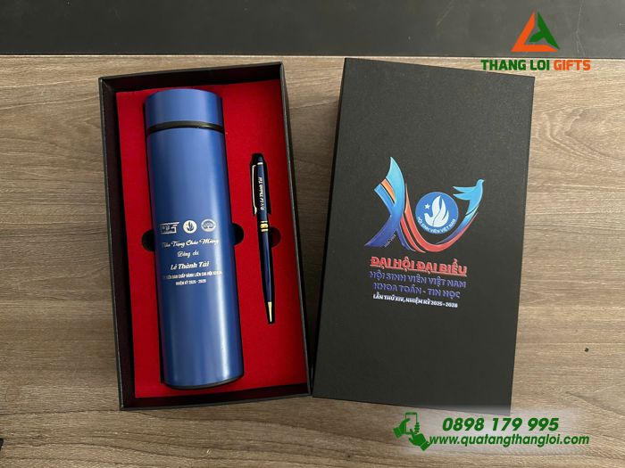 Set Quà Tặng (Bình Giữ Nhiệt & Bút Ký) Màu Xanh - In Khắc Logo Hội Sinh Viên Việt Nam