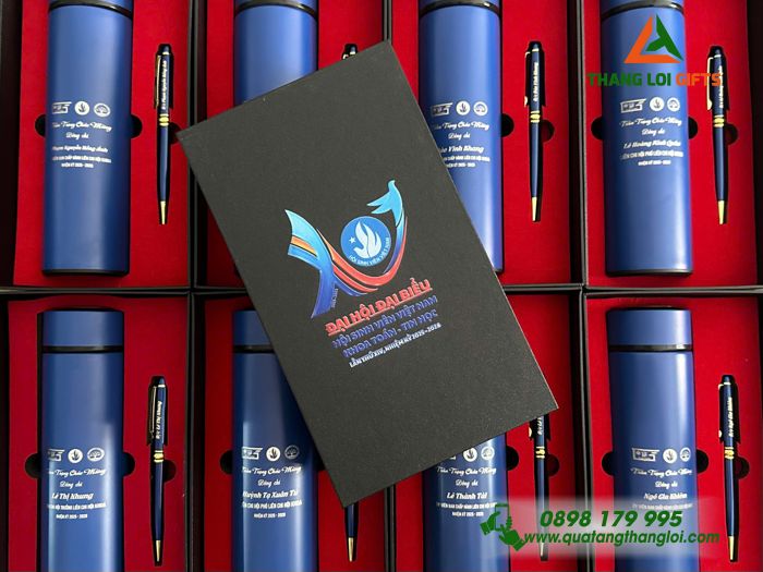 Set Quà Tặng (Bình Giữ Nhiệt & Bút Ký) Màu Xanh - In Khắc Logo Hội Sinh Viên Việt Nam