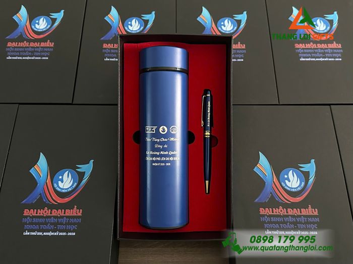 Set Quà Tặng (Bình Giữ Nhiệt & Bút Ký) Màu Xanh - In Khắc Logo Hội Sinh Viên Việt Nam