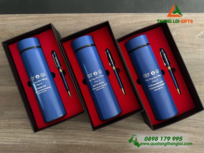 Set Quà Tặng (Bình Giữ Nhiệt & Bút Ký) Màu Xanh - In Khắc Logo Hội Sinh Viên Việt Nam