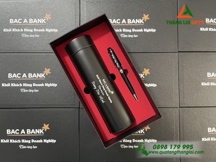Set Quà Tặng (Bình Giữ Nhiệt & Bút Ký) Màu Đen - In Khắc Logo Ngân Hàng BAC A BANK