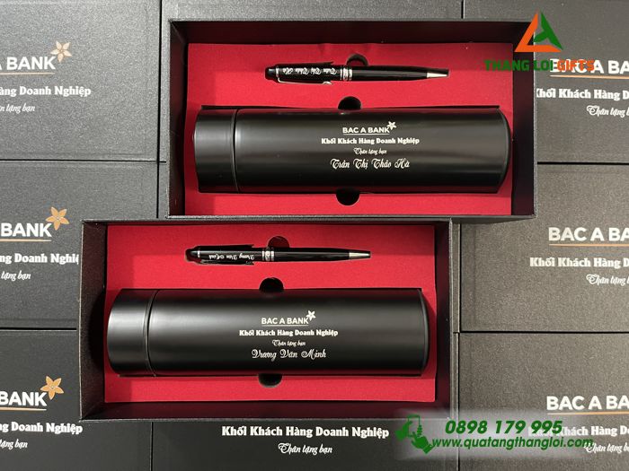 Set Quà Tặng (Bình Giữ Nhiệt & Bút Ký) Màu Đen - In Khắc Logo Ngân Hàng BAC A BANK