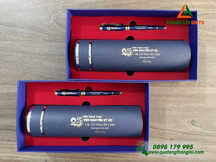 Combo Quà Tặng (Bình Giữ Nhiệt & Bút Ký) Màu Xanh - In Khắc Logo 25 Năm Ngày Ra Trường