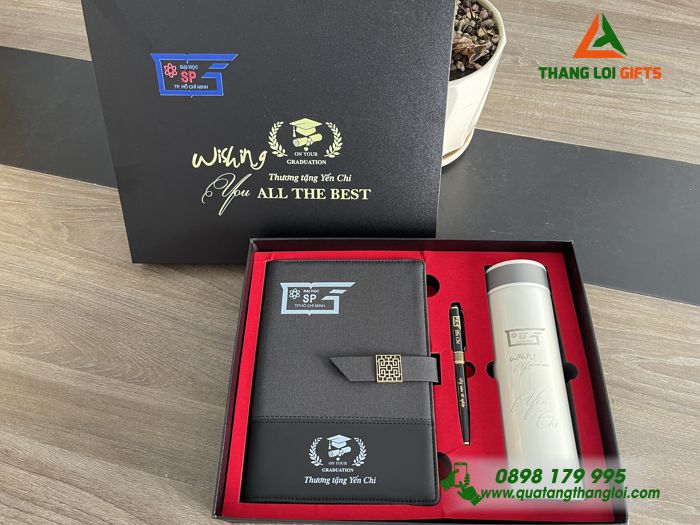 Combo Quà Tặng (Sổ+ Bình+ Bút) - In Khắc Logo Đại Học Sư Phạm TP.HCM