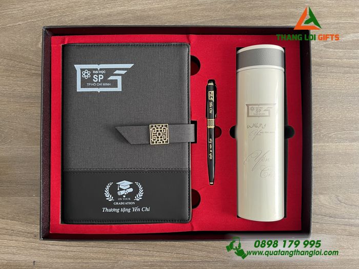 Combo Quà Tặng (Sổ+ Bình+ Bút) - In Khắc Logo Đại Học Sư Phạm TP.HCM