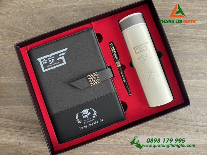 Combo Quà Tặng (Sổ+ Bình+ Bút) - In Khắc Logo Đại Học Sư Phạm TP.HCM