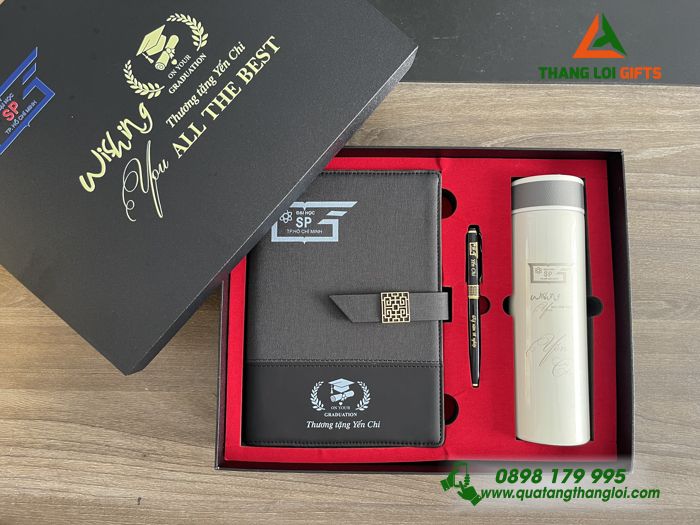 Combo Quà Tặng (Sổ+ Bình+ Bút) - In Khắc Logo Đại Học Sư Phạm TP.HCM