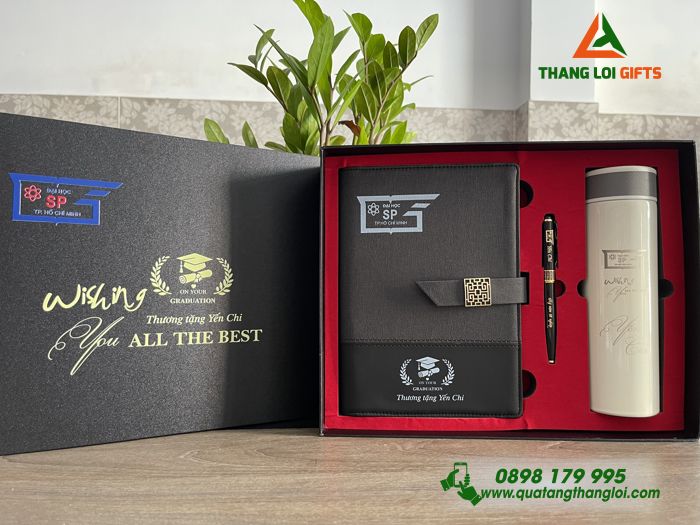Combo Quà Tặng (Sổ+ Bình+ Bút) - In Khắc Logo Đại Học Sư Phạm TP.HCM
