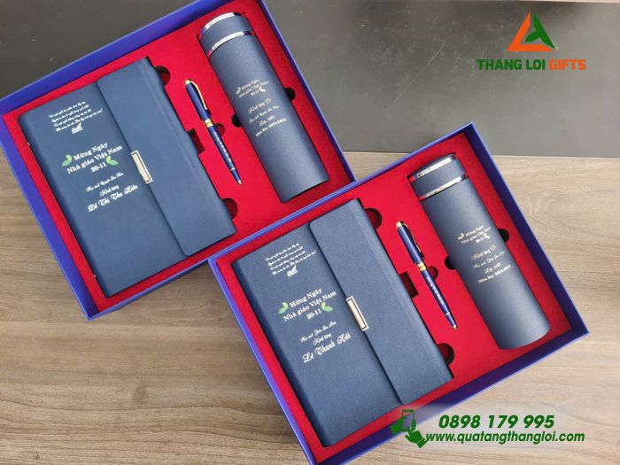 Set Quà Tặng (Sổ+ Bình+ Bút) Màu Xanh - In Khắc Nội Dung Tri Ân Thầy Cô Giáo