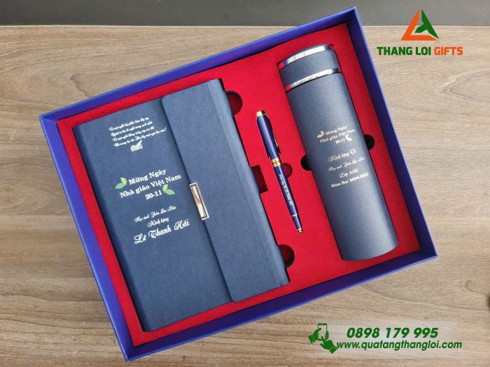 Set Quà Tặng (Sổ+ Bình+ Bút) Màu Xanh - In Khắc Nội Dung Tri Ân Thầy Cô Giáo
