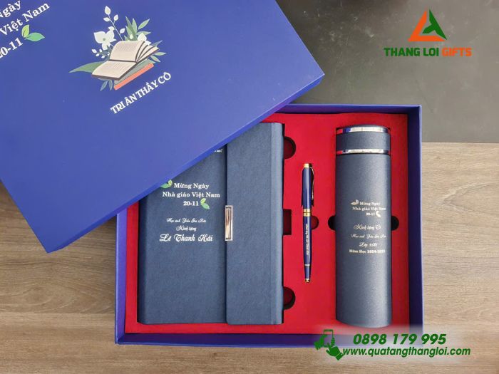 Set Quà Tặng (Sổ+ Bình+ Bút) Màu Xanh - In Khắc Nội Dung Tri Ân Thầy Cô Giáo