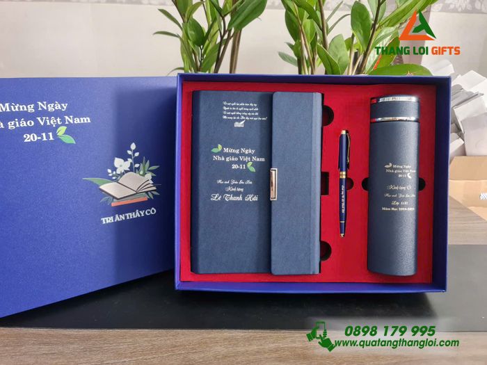 Set Quà Tặng (Sổ+ Bình+ Bút) Màu Xanh - In Khắc Nội Dung Tri Ân Thầy Cô Giáo