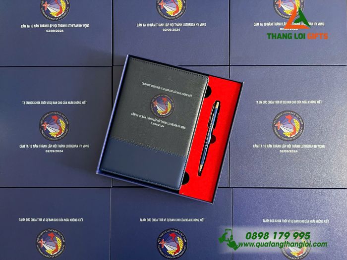 Combo Quà Tặng (Sổ Tay Dán Gáy & Bút Bi) Màu Xanh - In Khắc Logo Hội Thánh Lutheran Việt Nam