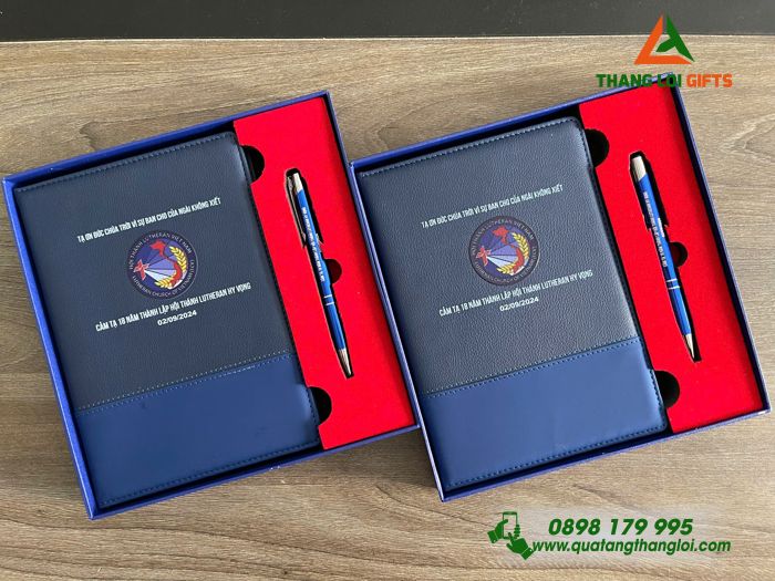 Combo Quà Tặng (Sổ Tay Dán Gáy & Bút Bi) Màu Xanh - In Khắc Logo Hội Thánh Lutheran Việt Nam