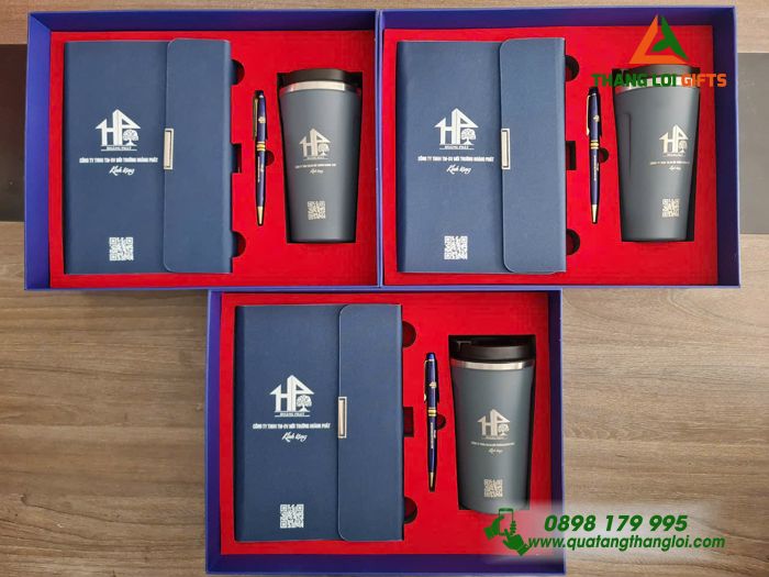 Bộ Quà Tặng (Sổ+ Ly+ Bút) Màu Xanh - In Khắc Logo Doanh Nghiệp Hoàng Phát