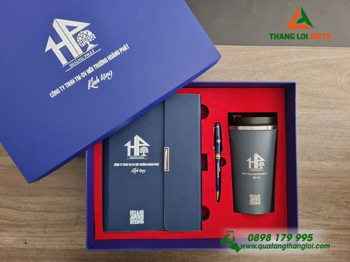 Bộ Quà Tặng (Sổ+ Ly+ Bút) Màu Xanh - In Khắc Logo Doanh Nghiệp Hoàng Phát