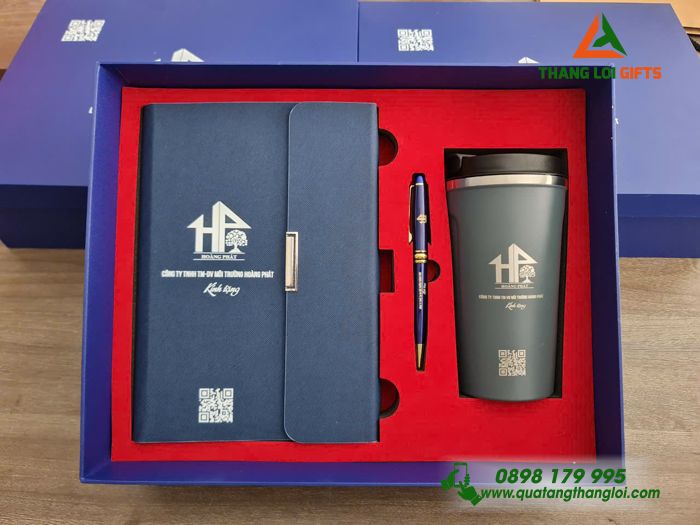 Bộ Quà Tặng (Sổ+ Ly+ Bút) Màu Xanh - In Khắc Logo Doanh Nghiệp Hoàng Phát