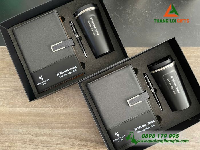 Combo Quà Tặng (Sổ+ Ly+ Bút) Màu Đen - In Khắc Logo Doanh Nghiệp SERENA