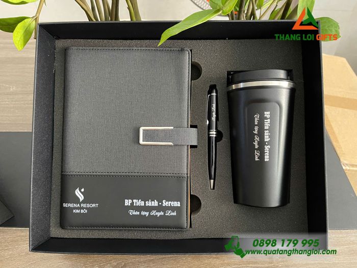 Combo Quà Tặng (Sổ+ Ly+ Bút) Màu Đen - In Khắc Logo Doanh Nghiệp SERENA