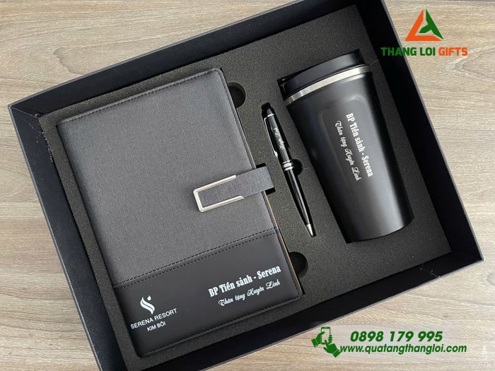 Combo Quà Tặng (Sổ+ Ly+ Bút) Màu Đen - In Khắc Logo Doanh Nghiệp SERENA