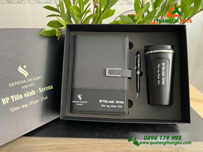 Combo Quà Tặng (Sổ+ Ly+ Bút) Màu Đen - In Khắc Logo Doanh Nghiệp SERENA