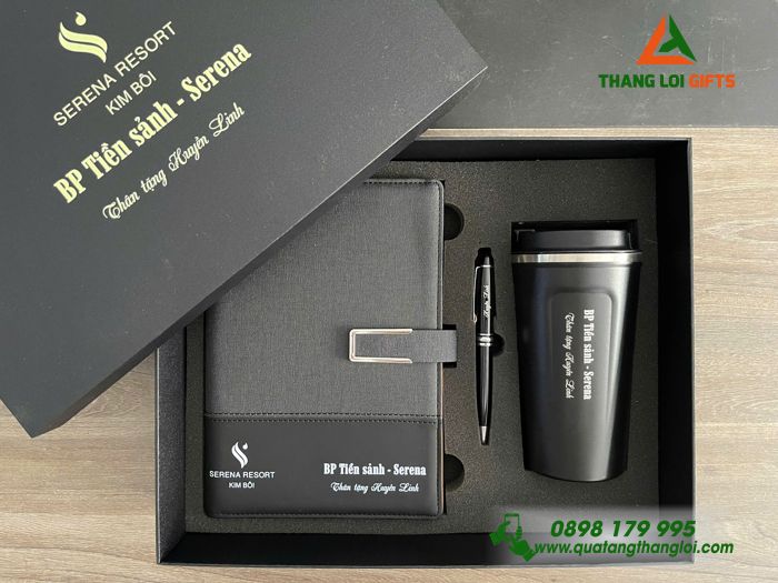 Combo Quà Tặng (Sổ+ Ly+ Bút) Màu Đen - In Khắc Logo Doanh Nghiệp SERENA