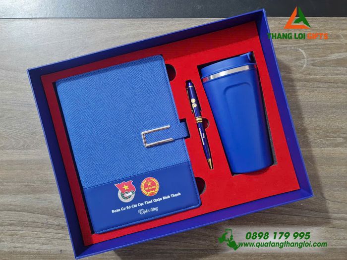 Combo Quà Tặng (Sổ+ Ly+ Bút) Màu Xanh - In Khắc Logo Đoàn Cơ Sở Chi Cục Thuế