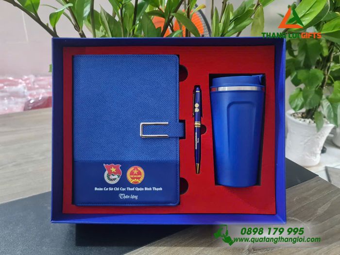 Combo Quà Tặng (Sổ+ Ly+ Bút) Màu Xanh - In Khắc Logo Đoàn Cơ Sở Chi Cục Thuế