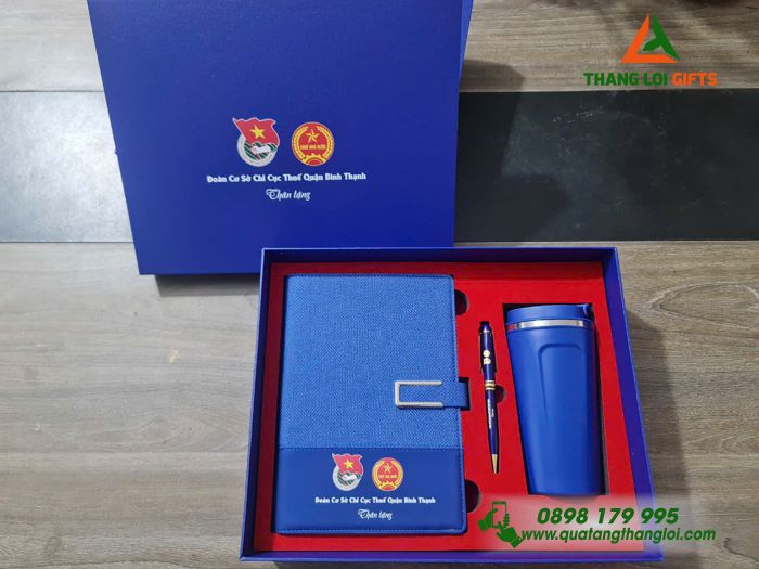 Combo Quà Tặng (Sổ+ Ly+ Bút) Màu Xanh - In Khắc Logo Đoàn Cơ Sở Chi Cục Thuế