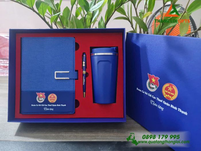 Combo Quà Tặng (Sổ+ Ly+ Bút) Màu Xanh - In Khắc Logo Đoàn Cơ Sở Chi Cục Thuế