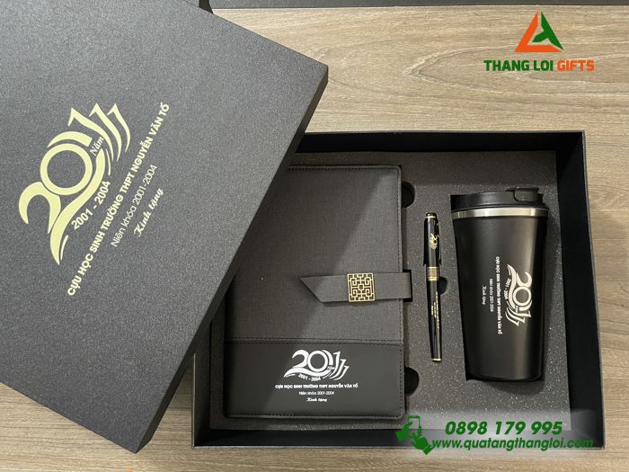 Combo Quà Tặng (Sổ+ Ly+ Bút) Màu Đen - In Khắc Logo Tên Trường THPT Nguyễn Văn Tố