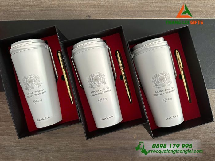 Bộ Quà Tặng (Ly Giữ Nhiệt Lock&Lock + Bút Ký) - In Khắc Logo Đội CTHC Công An Thành Phố