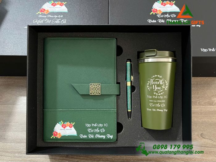 Bộ Quà Tặng (Sổ+ Ly+ Bút) Màu Xanh Lá - In Khắc Tên Làm Quà Tri Ân Thầy Cô Giáo