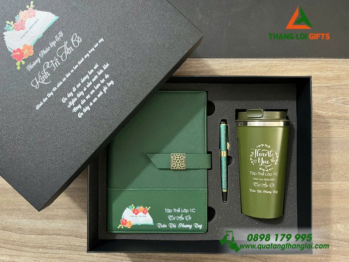 Bộ Quà Tặng (Sổ+ Ly+ Bút) Màu Xanh Lá - In Khắc Tên Làm Quà Tri Ân Thầy Cô Giáo