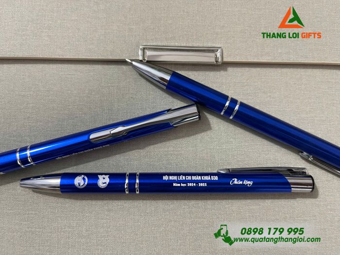 Bút Bi Kim Loại Bấm Màu Xanh - Khắc Logo Đoàn Thanh Niên
