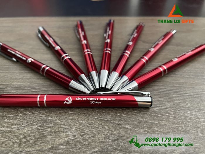 Bút Bi Kim Loại Bấm Màu Đỏ - Khắc Logo Đảng Bộ Phường 6 Quận Gò Vấp