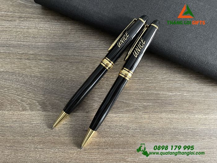 Bút Ký Kim Loại Xoay Màu Đen Khoen Vàng - Khắc Logo Doanh Nghiệp UNICE