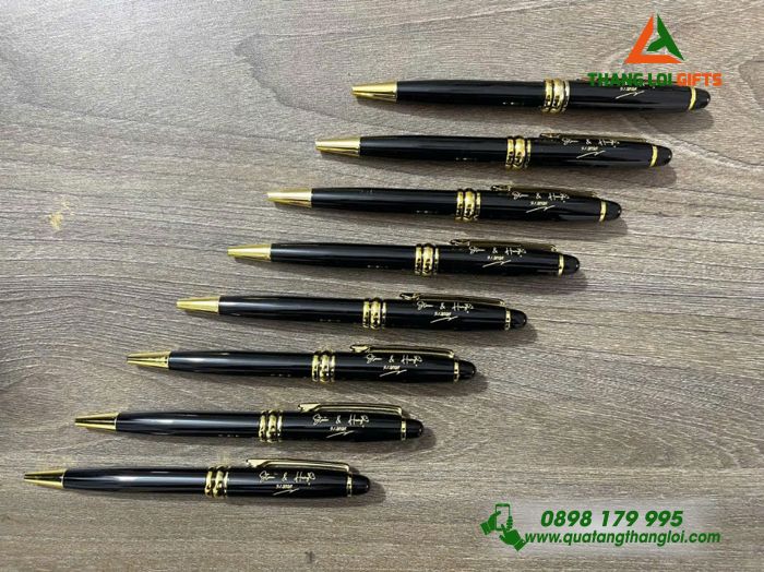 Bút Ký Kim Loại Xoay Màu Đen Khoen Vàng - Khắc Tên Làm Quà Tặng