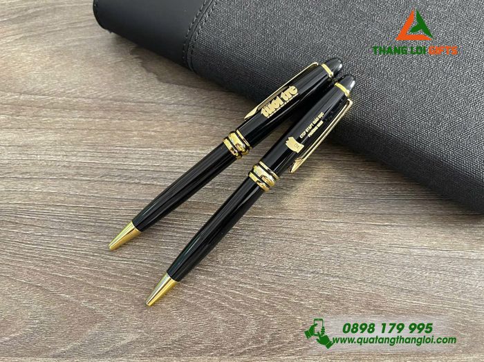 Bút Ký Kim Loại Xoay Màu Đen Khoen Vàng - Khắc Logo Báo Tuổi Trẻ