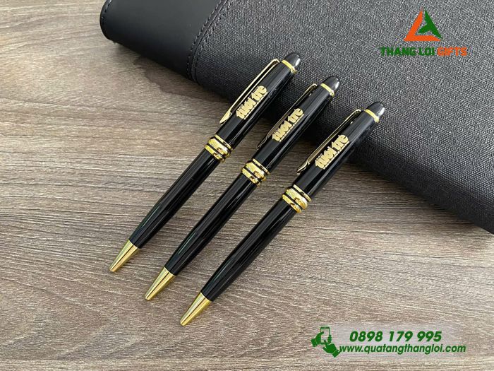 Bút Ký Kim Loại Xoay Màu Đen Khoen Vàng - Khắc Logo Báo Tuổi Trẻ