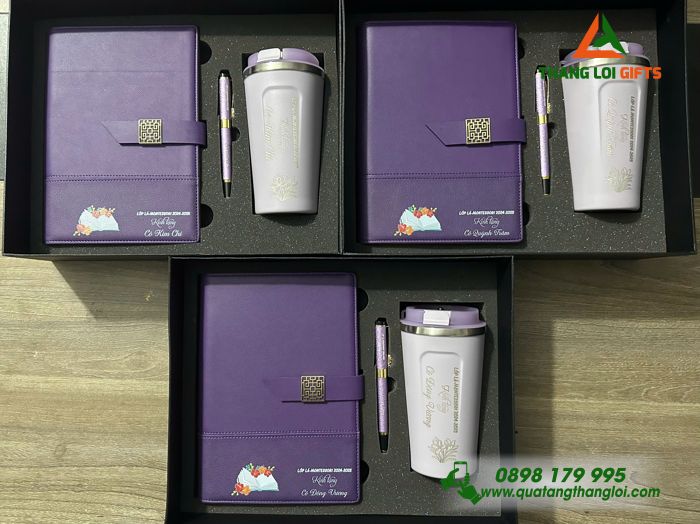 Combo Quà Tặng (Sổ+ Ly+ Bút) Màu Tím - In Khắc Tên Lớp Lá MONTESSORI