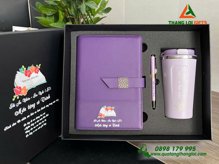 Bộ Quà Tặng (Sổ+ Ly+ Bút) Màu Tím - In Khắc Nội Dung Tri Ân Thầy Cô