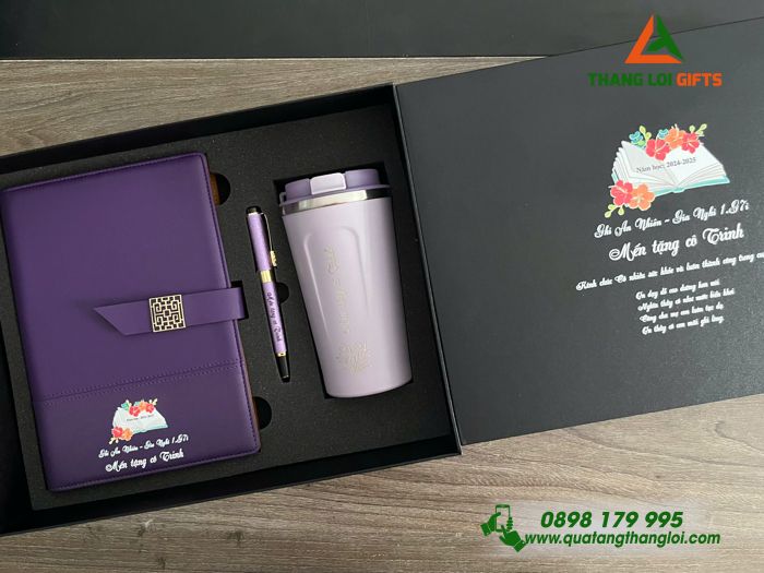Bộ Quà Tặng (Sổ+ Ly+ Bút) Màu Tím - In Khắc Nội Dung Tri Ân Thầy Cô