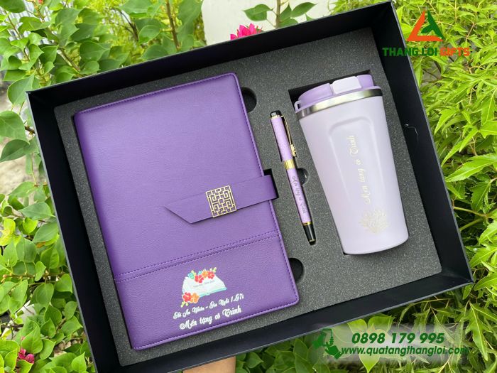 Bộ Quà Tặng (Sổ+ Ly+ Bút) Màu Tím - In Khắc Nội Dung Tri Ân Thầy Cô
