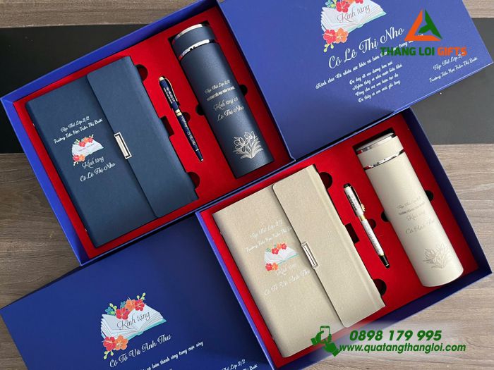 Bộ Quà Tặng (Sổ+ Bình+ Bút) - In Khắc Tên Trường Tiểu Học Trần Thị Bưởi