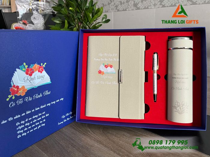 Bộ Quà Tặng (Sổ+ Bình+ Bút) - In Khắc Tên Trường Tiểu Học Trần Thị Bưởi