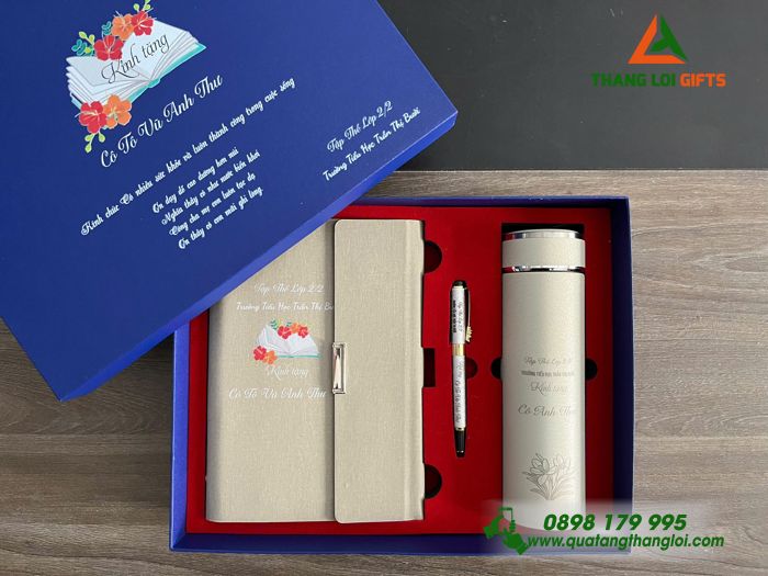 Bộ Quà Tặng (Sổ+ Bình+ Bút) - In Khắc Tên Trường Tiểu Học Trần Thị Bưởi