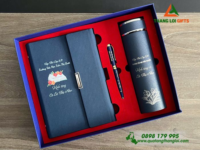 Bộ Quà Tặng (Sổ+ Bình+ Bút) - In Khắc Tên Trường Tiểu Học Trần Thị Bưởi