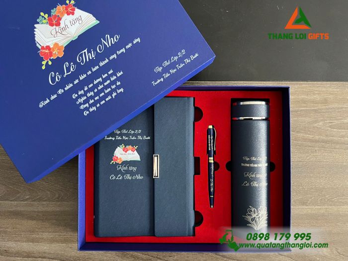 Bộ Quà Tặng (Sổ+ Bình+ Bút) - In Khắc Tên Trường Tiểu Học Trần Thị Bưởi