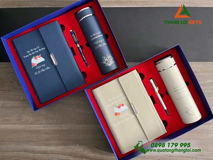 Bộ Quà Tặng (Sổ+ Bình+ Bút) - In Khắc Tên Trường Tiểu Học Trần Thị Bưởi